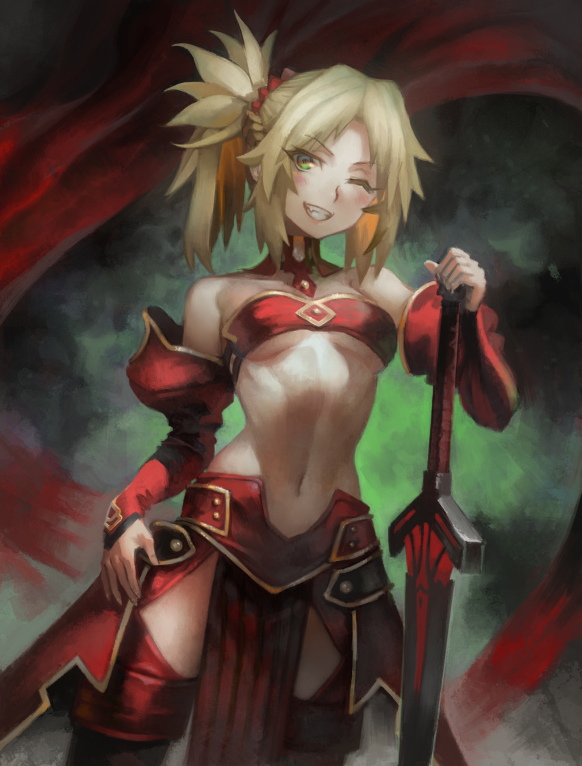 1girl armor bandeau blonde_hair blush braid breasts clarent detached_sleeves dutch_angle eyes_visible_through_hair fang fate/apocrypha fate_(series) faulds green_eyes hand_on_hip highres long_hair looking_at_viewer medium_breasts navel one_eye_closed pelvic_curtain ponytail red_legwear saber_of_red scrunchie smile solo standing sword thigh-highs under_boob visqi weapon