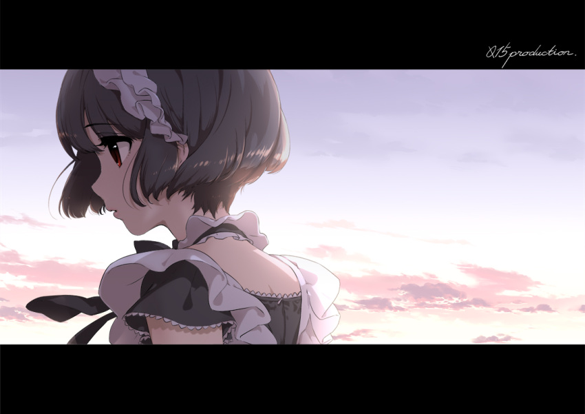 1girl anime_coloring annindoufu_(oicon) black_ribbon brown_hair clouds detached_collar from_behind hair_blowing letterboxed looking_to_the_side maid maid_headdress original outdoors parted_lips red_eyes ribbon short_hair short_sleeves solo twilight upper_body wind