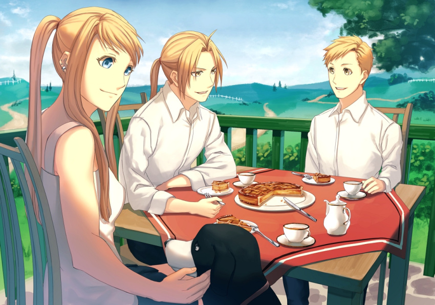 1girl 2boys alphonse_elric animal blonde_hair blue_eyes chair cup den_(fma) dog earrings edward_elric elbows_on_table food fork fullmetal_alchemist happy jewelry knife long_hair long_sleeves looking_at_another mizui_xl mountain multiple_boys nature open_mouth outdoors petting pie plate ponytail saucer shirt short_hair siblings sky smile table tablecloth talking teacup teapot tree white_shirt winry_rockbell yellow_eyes