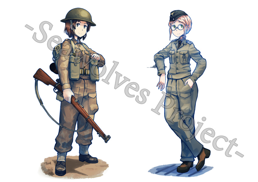2girls absurdres commentary erica_(naze1940) glasses green_eyes gun hand_in_pocket hat highres holding holding_gun holding_weapon iron_cross lee-enfield looking_at_viewer military military_hat military_uniform multiple_girls nazi original rifle simple_background smile standing uniform weapon white_background world_war_ii