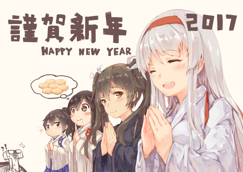 !? 1boy 2017 4girls :&gt; admiral_(kantai_collection) akagi_(kantai_collection) blush blush_stickers brown_eyes brown_hair closed_mouth eyebrows_visible_through_hair facing_away hairband hands_together happy_new_year highres kaga_(kantai_collection) kantai_collection long_hair looking_at_another looking_away luoxiaofei multiple_girls new_year open_mouth short_hair shoukaku_(kantai_collection) smile t-head_admiral thought_bubble twintails white_hair yellow_eyes zuikaku_(kantai_collection)