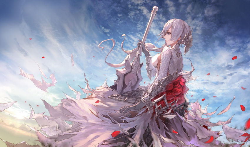 1girl blue_eyes clouds cloudy_sky dress gloves highres holding holding_sword holding_weapon huge_weapon jname long_hair looking_away ponytail sinoalice sky snow_white_(sinoalice) solo sword weapon white_dress white_gloves white_hair