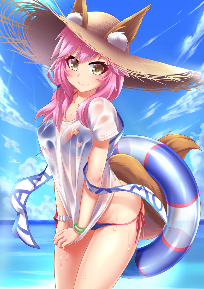 1girl :3 absurdres animal_ears bikini blue_bikini blush breasts cleavage commentary_request ears_through_headwear fang fate/extra fate/extra_ccc fate/grand_order fate_(series) fox_ears fox_tail hat highres innertube kirisame_mia large_breasts long_hair looking_at_viewer nature ocean outdoors pink_hair see-through side-tie_bikini solo sweat swimsuit tail tamamo_(fate)_(all) tamamo_no_mae_(swimsuit_lancer)_(fate) yellow_eyes