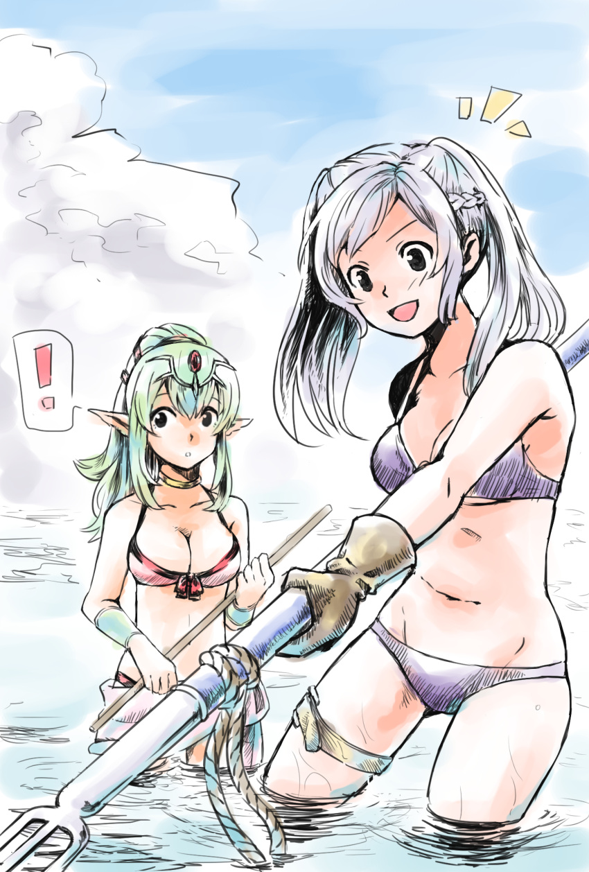 2girls bikini blue_sky chiki clouds female_my_unit_(fire_emblem:_kakusei) fire_emblem fire_emblem:_kakusei fire_emblem_heroes gloves green_hair hair_ornament highres multiple_girls my_unit_(fire_emblem:_kakusei) pointy_ears ponytail sky smile swimsuit twintails water white_hair