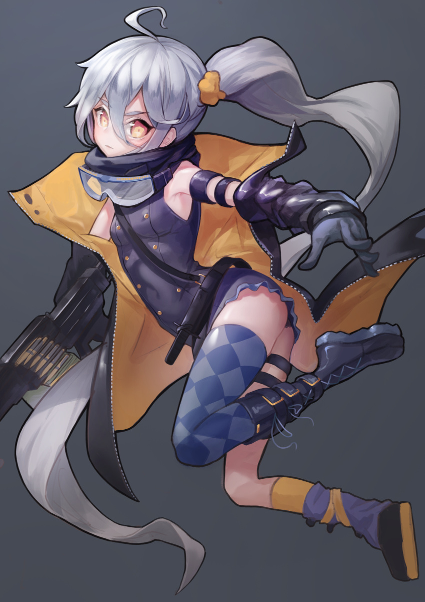 1girl absurdres ahoge black_boots black_gloves blue_legwear boots breasts checkered checkered_legwear eyebrows_visible_through_hair girls_frontline gloves gun highres holding holding_gun holding_weapon ildy knee_boots long_hair looking_at_viewer medium_breasts orange_eyes ponytail silver_hair solo thigh-highs weapon