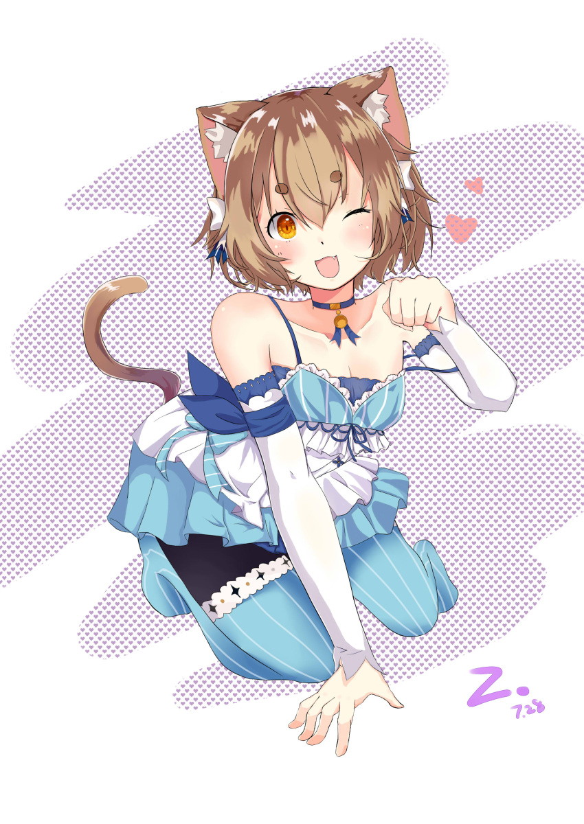 1boy :3 :d absurdres animal_ears arm_ribbon arm_support artist_signature bangs bare_shoulders black_legwear blue_bow blue_choker blue_legwear blush bob_cut bolo_tie bow bow_dress breasts brown_hair cat_ears cat_tail choker cleavage clenched_hand collarbone commentary_request cross-laced_clothes dated dot_nose dress dress_bow eyebrows_visible_through_hair eyes_visible_through_hair fang felix_argyle frilled_dress frills front-tie_top full_body hair_between_eyes hair_bow hair_ribbon hand_up heart heart_background highres jewelry kneeling lace lace-trimmed_dress lace-trimmed_sleeves looking_at_viewer male_focus no_shoes one_eye_closed open_mouth orange_eyes otoko_no_ko pantyhose parted_bangs paw_pose pendant raised_eyebrows re:zero_kara_hajimeru_isekai_seikatsu ribbon shiny shiny_skin short_dress short_eyebrows short_hair simple_background slit_pupils small_breasts smile solo spaghetti_strap strap_slip striped striped_bow striped_legwear striped_ribbon tail thick_eyebrows thigh-highs thighhighs_over_pantyhose trap vertical-striped_dress vertical-striped_legwear vertical_stripes white_background white_bow