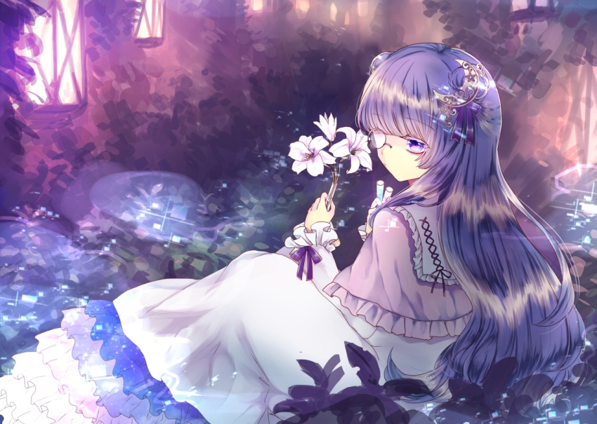 1girl bangs blunt_bangs capelet colored_eyelashes crescent crescent_hair_ornament double_bun dress flower frilled_dress frills ginzuki_ringo hair_ornament hair_ribbon holding holding_flower lantern long_hair long_sleeves monocle outdoors patchouli_knowledge purple_hair purple_ribbon ribbon sitting solo touhou very_long_hair vial violet_eyes white_background