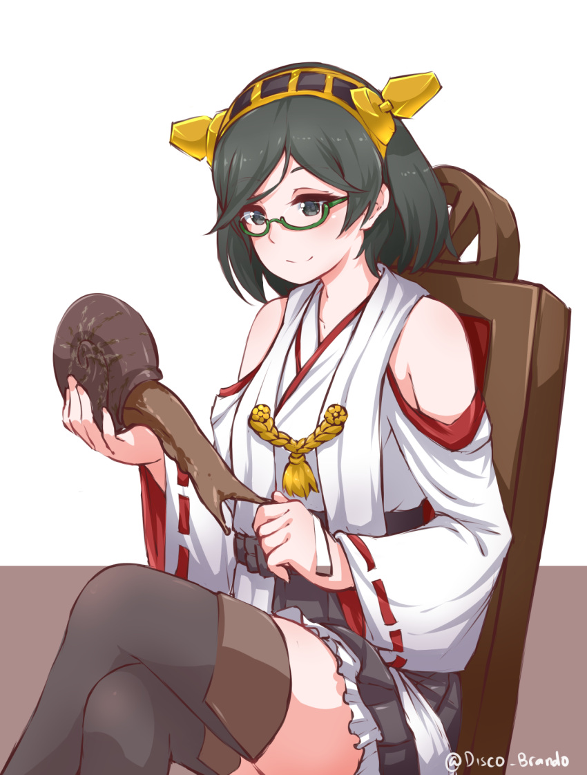 1girl black_eyes black_hair black_skirt blush chair closed_mouth collarbone disco_brando eyebrows_visible_through_hair glasses highres kantai_collection kirishima_(kantai_collection) legs_crossed looking_at_viewer nontraditional_miko semi-rimless_glasses short_hair sitting skirt smile solo twitter_username