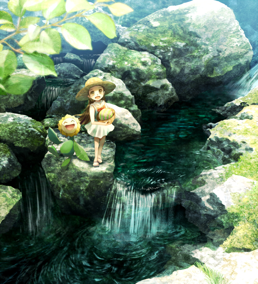 1girl brown_eyes brown_hair dress foreshortening hat highres long_hair nature open_mouth outdoors pokemon ribero rock straw_hat stream summer sunflora water waterfall white_dress