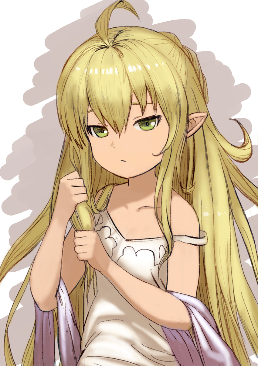 1girl ahoge bangs bare_shoulders blonde_hair child dot_nose dress frown granblue_fantasy green_eyes hair_between_eyes highres holding holding_hair long_hair looking_at_viewer melissabelle off_shoulder pointy_ears solo strap_slip upper_body very_long_hair wasabi60 white_dress