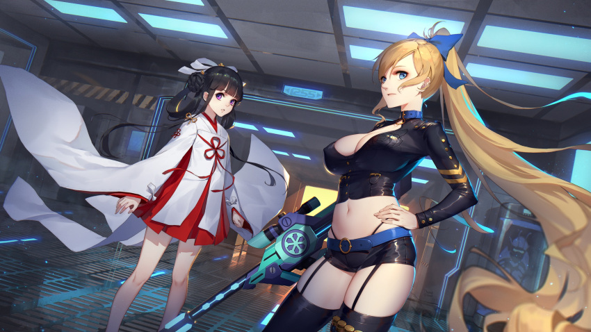 2girls bangs bet black_legwear blonde_hair blue_eyes blunt_bangs blurry braid breasts cleavage closed_mouth daye_bie_qia_lian depth_of_field eyebrows_visible_through_hair garter_straps gun hair_bun hair_ribbon hakama_skirt highres holding holding_gun holding_weapon indoors japanese_clothes large_breasts long_hair looking_at_viewer midriff multiple_girls navel onmyouji parted_lips pleated_skirt red_skirt ribbon shaonyu_cofee_gun short_shorts shorts skirt standing thigh-highs thighs very_long_hair violet_eyes weapon white_ribbon wide_sleeves