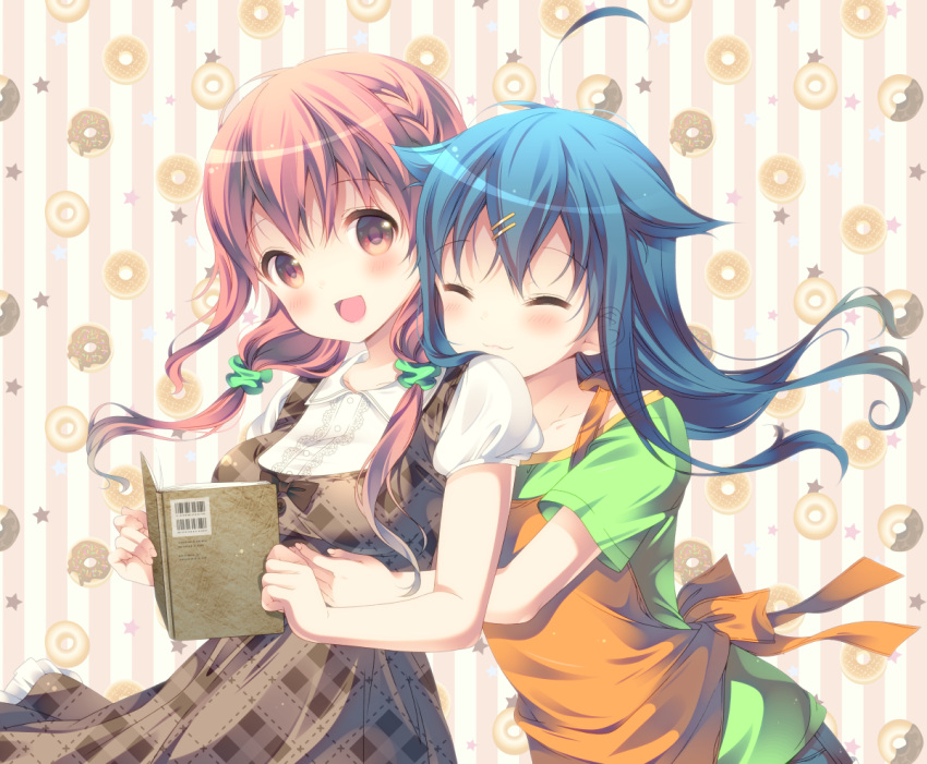 2girls :3 :d ^_^ ahoge apron bangs blue_hair blush book brown_eyes brown_hair closed_eyes commentary_request doughnut dress food green_scrunchie green_shirt hair_flaps hair_ornament hairpin hinako_note holding holding_book hug hug_from_behind long_hair looking_at_viewer low_twintails march-bunny multiple_girls natsukawa_kuina open_book open_mouth orange_apron plaid plaid_dress sakuragi_hinako scrunchie shirt short_sleeves smile striped twintails upper_body vertical-striped_background vertical_stripes