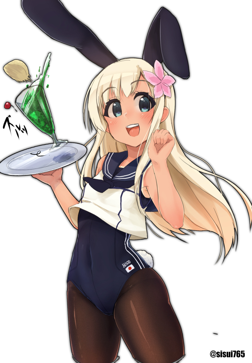 1girl adapted_costume animal_ears blonde_hair blue_eyes breasts brown_legwear bunny_tail bunnysuit character_name cherry covered_navel cowboy_shot crop_top drink flower food fruit glass hair_flower hair_ornament highres japanese_flag kantai_collection long_hair looking_at_viewer mizuki_yayoi one-piece_tan open_mouth pantyhose pantyhose_under_swimsuit rabbit_ears ro-500_(kantai_collection) sailor_collar small_breasts solo standing swimsuit tail tan tanline tray twitter_username