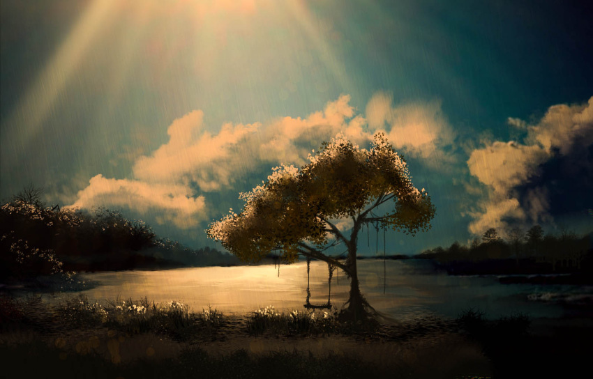 akyuun blurry clouds commentary grass highres lake lens_flare light_rays no_humans original plant scenery sky sunlight swing texture tree vines