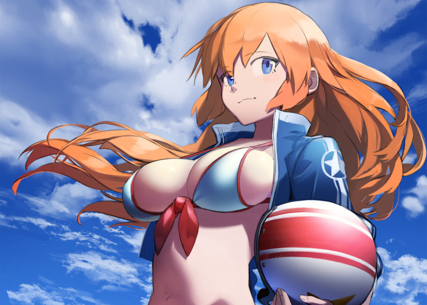 1girl bikini_top blue_eyes blue_sky breasts charlotte_e_yeager cleavage closed_mouth clouds cloudy_sky cropped_jacket day from_below front-tie_bikini front-tie_top helmet jacket kirii large_breasts long_hair open_clothes open_jacket orange_hair outdoors sky smile solo strap_gap strike_witches white_bikini_top world_witches_series