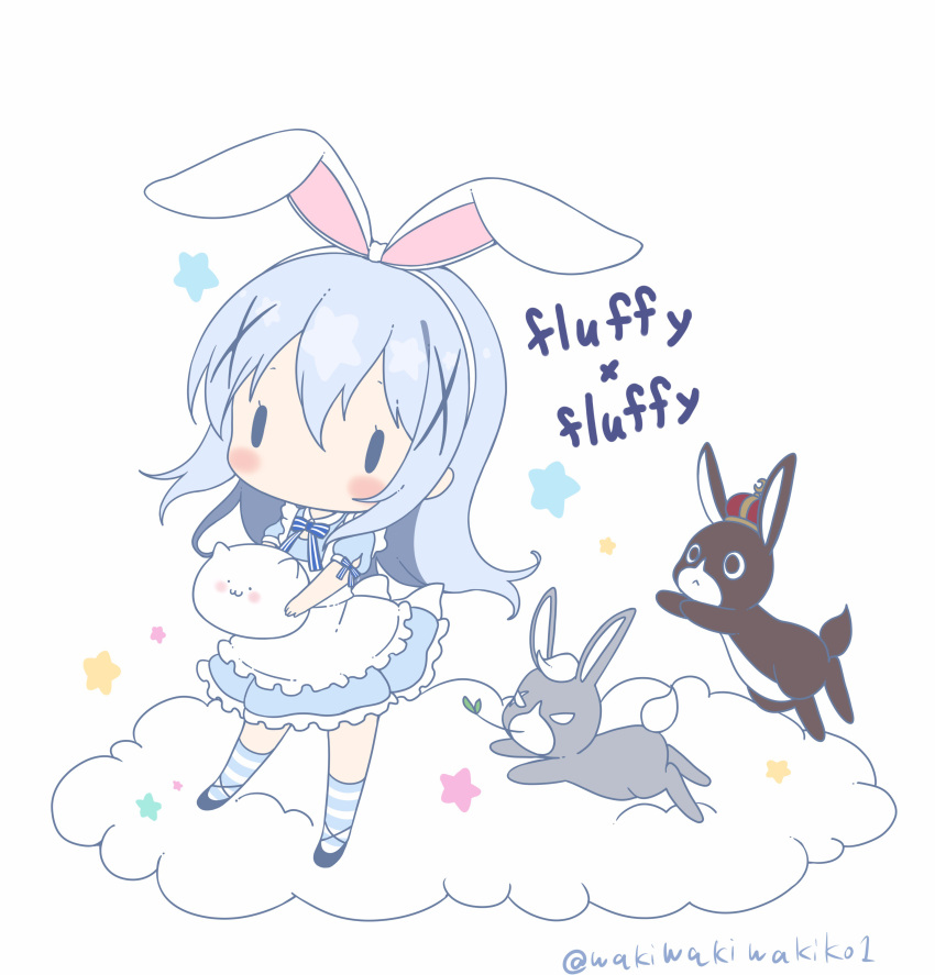 1girl absurdres alice_(wonderland) alice_(wonderland)_(cosplay) alice_in_wonderland angora_rabbit animal animal_ears anko_(gochiusa) apron bangs blue_bow blue_bowtie blue_dress blue_shoes blush bow bowtie chibi circle_name clouds commentary_request cosplay crown dress fake_animal_ears frilled_apron frilled_dress frills gochuumon_wa_usagi_desu_ka? hair_between_eyes hair_ornament hairband hairclip highres holding holding_animal jumping kafuu_chino kneehighs light_blue_hair long_hair looking_at_viewer mini_crown neki_(wakiko) no_mouth puffy_short_sleeves puffy_sleeves rabbit rabbit_ears scar scar_across_eye shoes short_sleeves sidelocks solid_oval_eyes standing star striped striped_bow striped_bowtie striped_legwear tippy_(gochiusa) twig twitter_username white_apron white_background white_hairband wild_geese x_hair_ornament