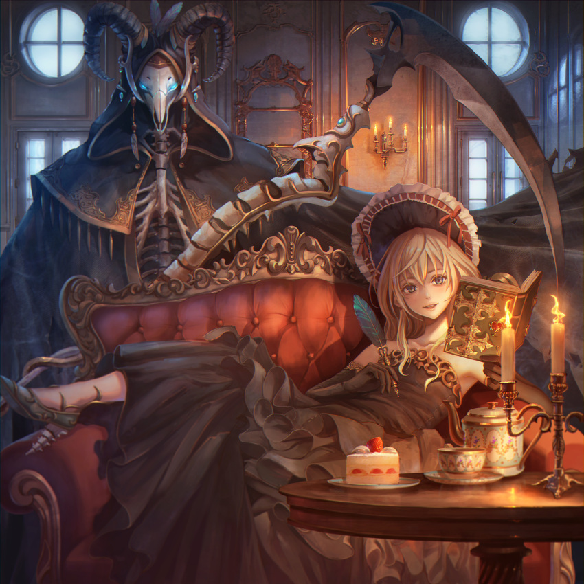 1girl black_dress black_gloves blonde_hair blue_eyes blush book candle candlestand collarbone couch cup dress elbow_gloves gloves high_heels highres holding holding_book looking_at_viewer lying on_back open_book original parted_lips plate quill sho_(shoichi-kokubun) smile solo table teacup