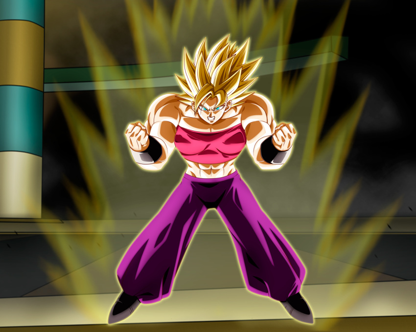 1girl abs biceps blonde_hair caulifla dragon_ball dragon_ball_super green_eyes highres midriff muscle muscular_female nekoar pants pink_tank_top power-up purple_pants saiyan shoes spiky_hair standing tank_top transformation wrist_cuffs