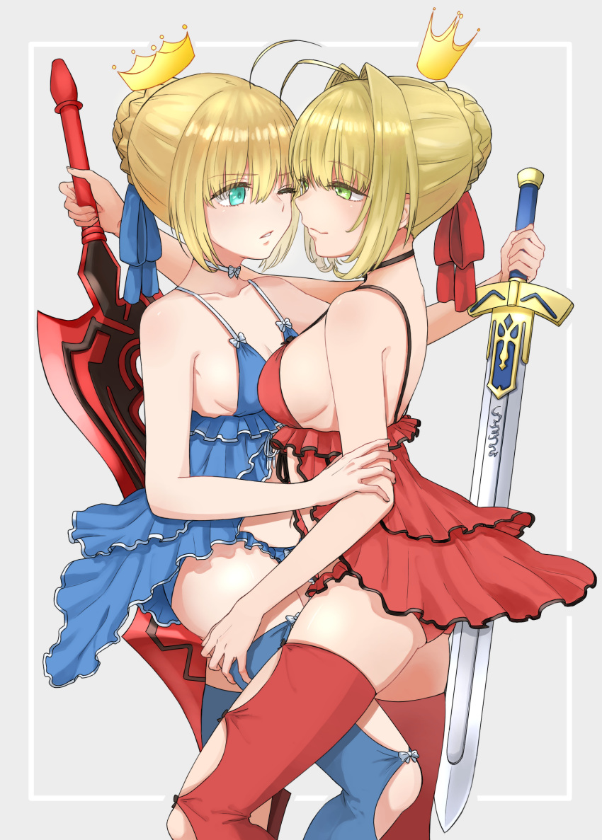 2girls :3 ;o absurdres ahoge alternate_costume aqua_eyes arm arm_grab arm_up asymmetrical_docking babydoll back bangs bare_arms bare_shoulders black_bow black_choker black_ribbon blonde_hair blue_babydoll blue_legwear blue_panties blue_ribbon bow_legwear bow_panties braid breasts choker clarent closed_mouth collarbone commentary_request couple cowboy_shot crown excalibur eye_contact eyebrows_visible_through_hair eyes_visible_through_hair face-to-face fate/extra fate/stay_night fate_(series) female fingernails french_braid green_eyes grey_background hair_between_eyes hair_bun hair_ribbon half-closed_eyes hand_on_another's_arm hand_on_another's_thigh hand_up highres holding holding_sword holding_weapon large_breasts leg_grab lingerie looking_at_another medium_breasts mini_crown multiple_girls mutual_yuri neck one_eye_closed panties parted_lips red_babydoll red_legwear red_panties red_ribbon ribbon ribbon_choker saber saber_extra short_hair sideboob smile standing sword takaoka_hide teeth thigh-highs type-moon underwear weapon white_bow white_choker white_ribbon wince yuri
