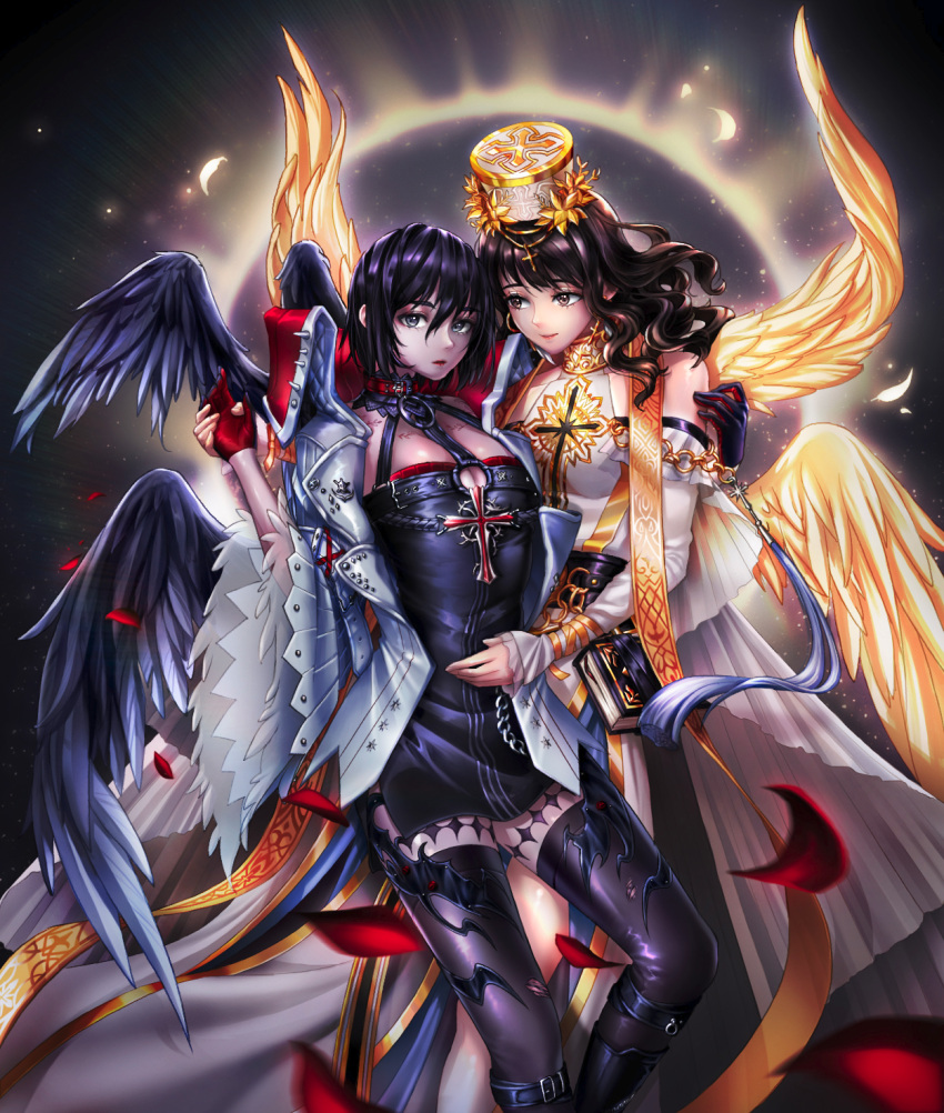 2girls angel_wings bare_shoulders black_gloves black_hair black_legwear blush breasts brown_eyes character_request cleavage collarbone dungeon_and_fighter gloves grey_eyes highres large_breasts long_hair looking_at_another looking_at_viewer multiple_girls nyamunyamu parted_lips red_gloves short_hair smile thigh-highs wings
