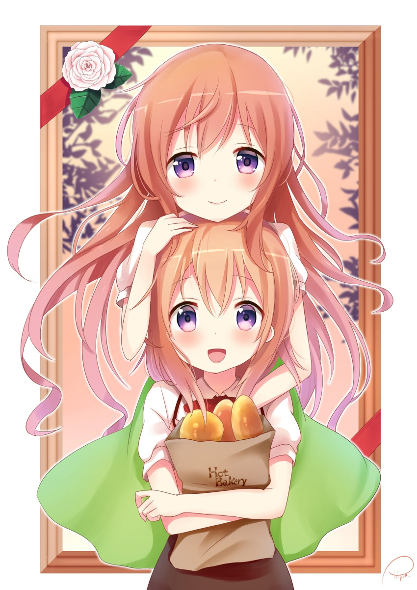 2girls :d artist_name bag bangs black_skirt bow bowtie bread closed_mouth collared_shirt commentary_request eyebrows_visible_through_hair flower food frame gochuumon_wa_usagi_desu_ka? hand_on_another's_head highres holding_bag hoto_cocoa hoto_mocha looking_at_viewer multiple_girls open_mouth orange_hair paper_bag pink_vest piripun rabbit_house_uniform red_bow red_bowtie rose shirt short_sleeves siblings sidelocks signature sisters skirt smile violet_eyes white_shirt wing_collar