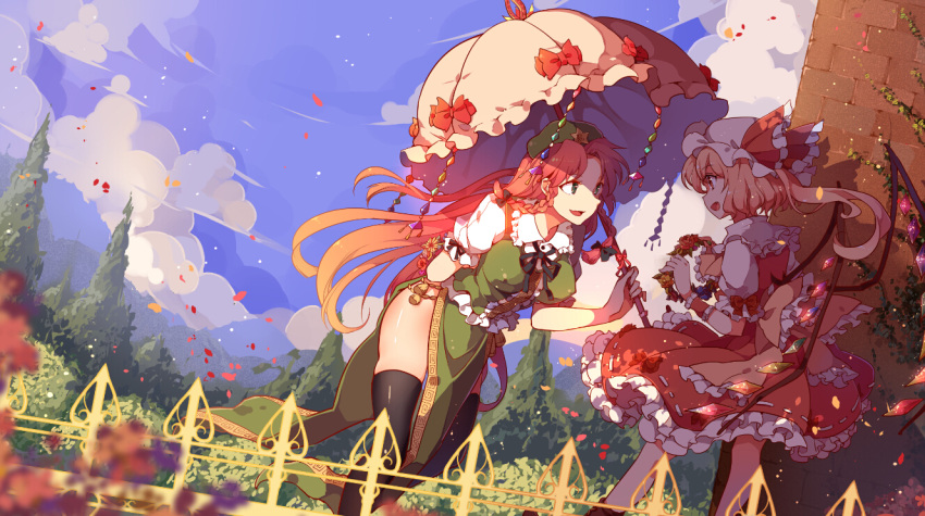 2girls :d arm_behind_back black_legwear blonde_hair blue_sky blurry bow braid breasts clouds cloudy_sky covered_nipples depth_of_field dutch_angle flandre_scarlet flower frills green_eyes hair_bow hair_ribbon hat holding hong_meiling large_breasts leaning_forward long_hair mob_cap multiple_girls open_mouth parasol petals redhead ribbon shade side_ponytail sky smile thigh-highs touhou tree twin_braids umbrella very_long_hair wind wings yetworldview_kaze