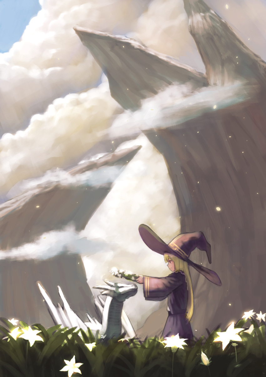 1girl bangs blonde_hair clouds cloudy_sky commentary_request dragon fantasy field flower flower_field fog hat head_wreath highres landscape long_hair looking_at_another mountain original puffy_sleeves purple_hat purple_vest sky smile vest wasabi60 witch witch_hat