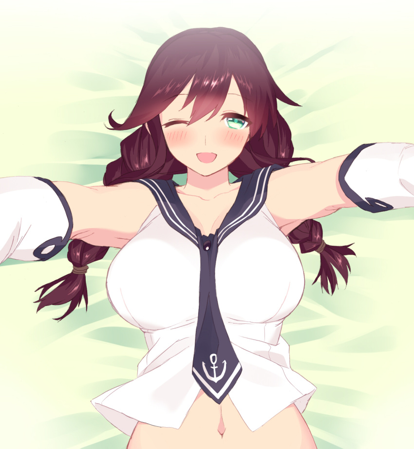 1girl ;d blew_andwhite blush breasts bright_pupils brown_hair cleavage crop_top gloves highres kantai_collection large_breasts long_hair low_twintails lying midriff navel noshiro_(kantai_collection) on_back one_eye_closed open_mouth outstretched_arms sailor_collar sailor_shirt shirt smile solo twintails white_gloves