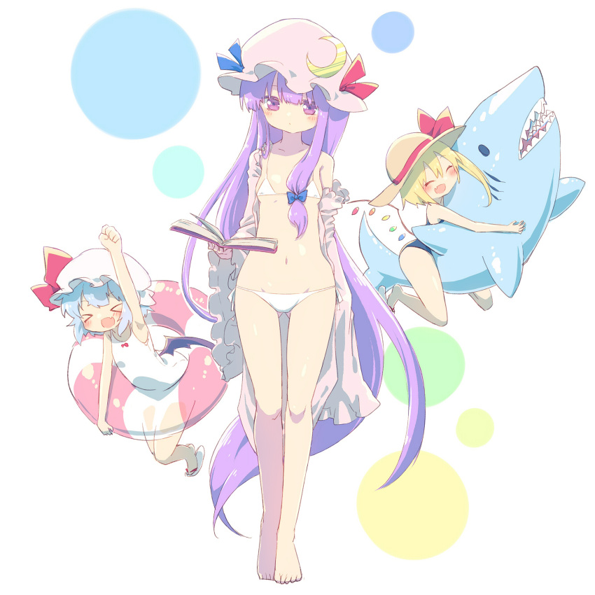 &gt;_&lt; 3girls :d ayakashi_(monkeypanch) barefoot bat_wings bikini blonde_hair blue_bow blue_hair blue_ribbon book bow commentary_request crescent crescent_hair_ornament flandre_scarlet hair_bow hair_ornament hat hat_ribbon highres holding holding_book inflatable_shark inflatable_toy innertube long_hair looking_at_viewer mob_cap multiple_girls open_mouth patchouli_knowledge purple_hair red_bow red_ribbon remilia_scarlet ribbon short_hair smile standing sun_hat swimsuit touhou very_long_hair violet_eyes white_background white_bikini wings xd