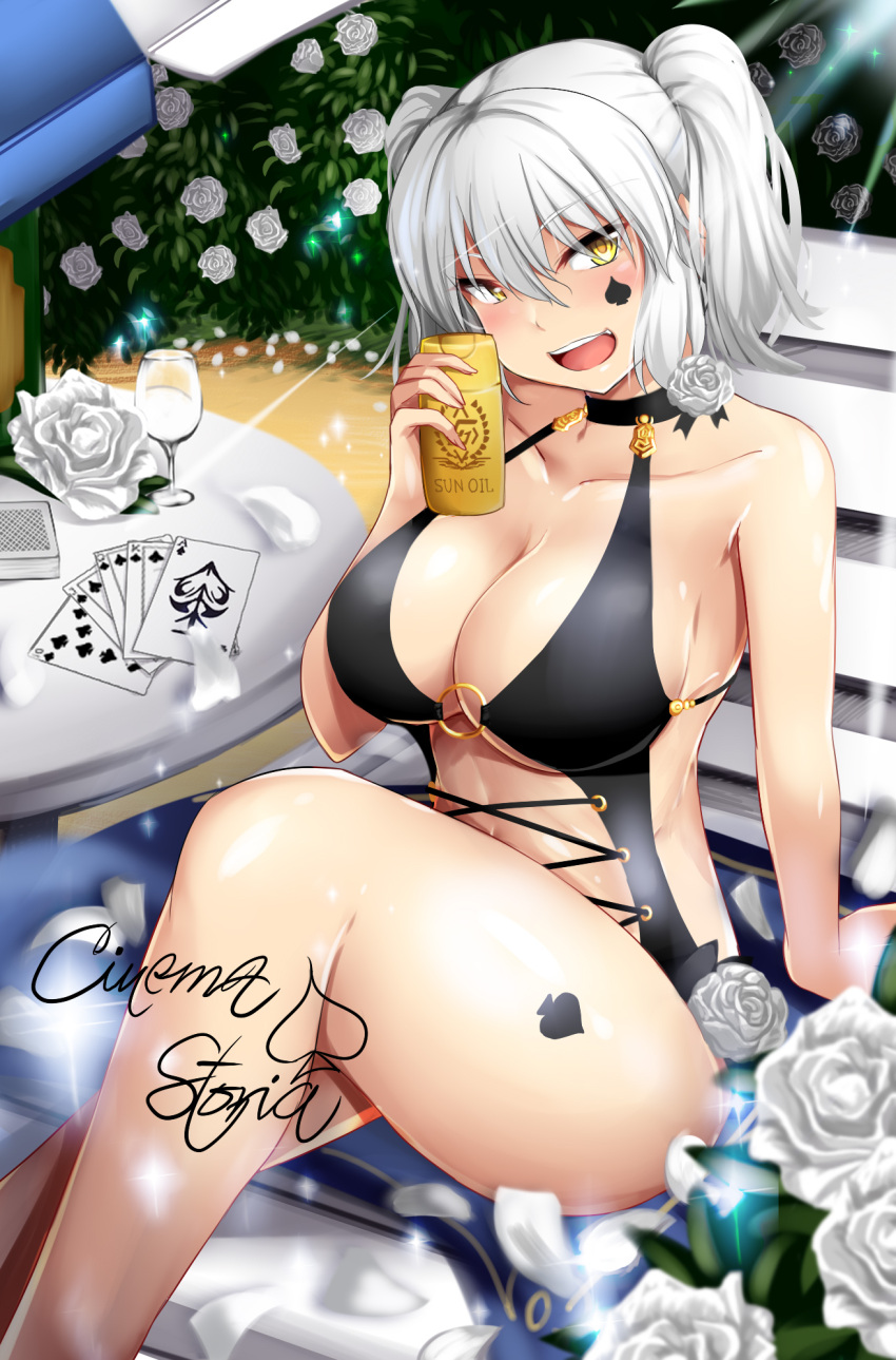 1girl :d arm_support bikini black_bikini blush breasts card chaise_longue character_request cleavage collarbone commentary_request cup drinking_glass flower halter_top halterneck highres holding inverted_nipples kirome_(kamipaper) large_breasts lotion lotion_bottle nipples open_mouth plant poker rose short_hair short_twintails silver_hair smile solo spade sunscreen swimsuit table tattoo twintails umbrella white_rose wine_glass yellow_eyes