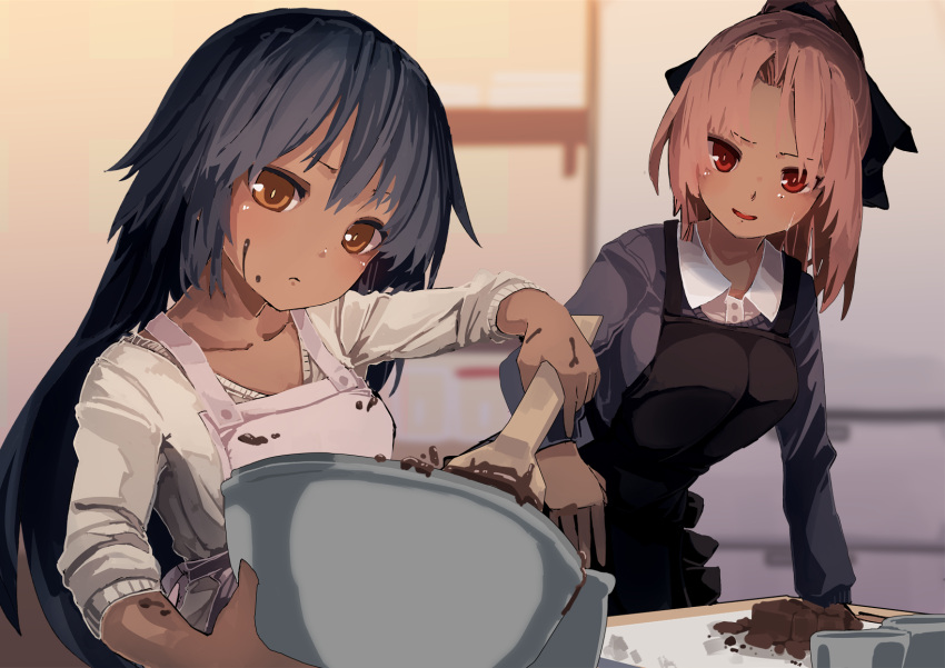 2girls apron black_hair bowl brown_eyes chocolate chocolate_on_face dark_skin food food_on_face futatsuki_eru highres long_hair multiple_girls original pink_hair ponytail smile sweatdrop