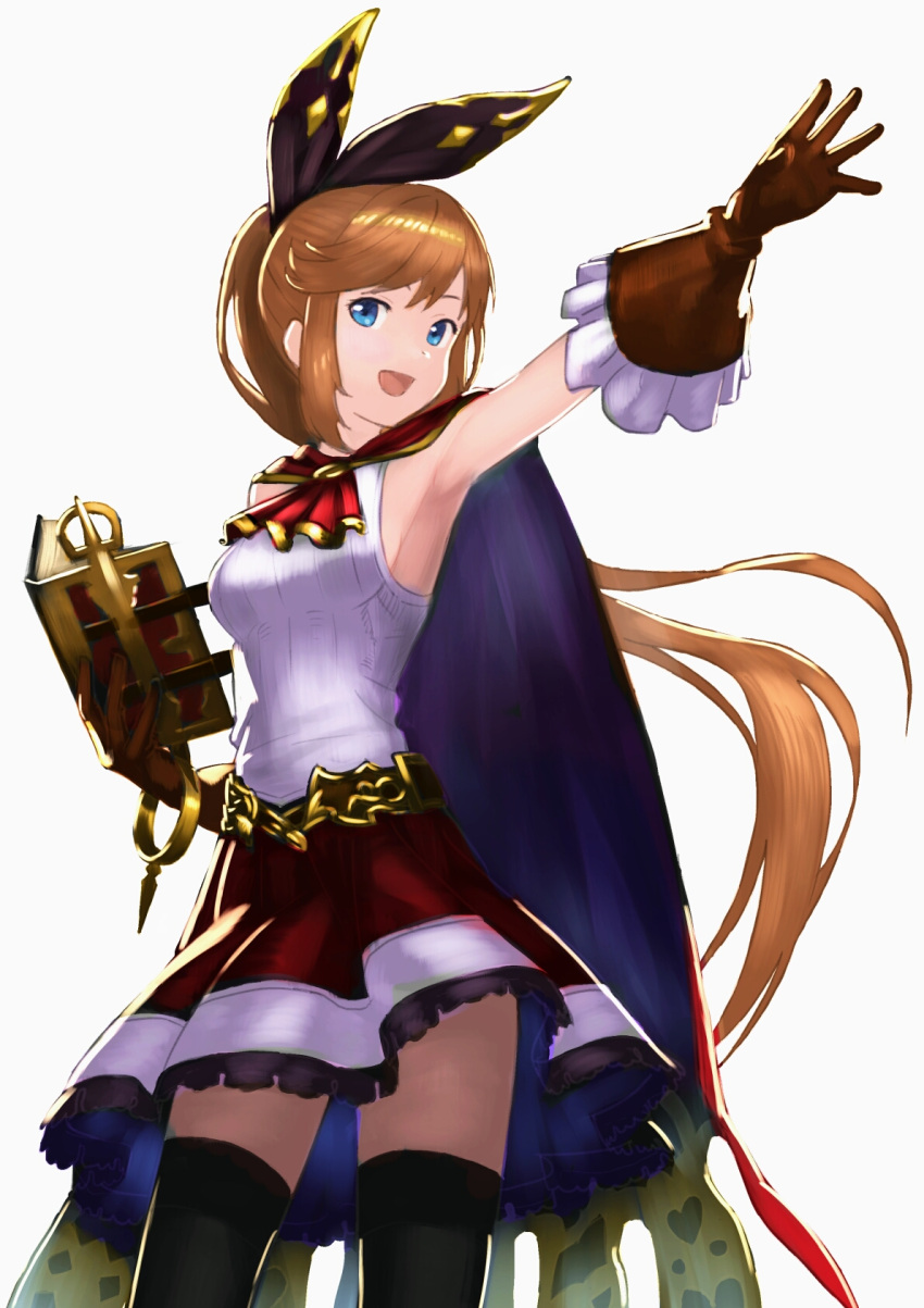 1girl :d armpits bangs belt black_legwear blue_cape blue_eyes book cape clarisse_(granblue_fantasy) cowboy_shot dot_nose dress gloves granblue_fantasy hair_ribbon highres holding holding_book leather leather_gloves long_hair looking_at_viewer open_mouth orange_hair outstretched_arm ponytail ribbon simple_background skirt sleeveless sleeveless_dress smile solo thigh-highs very_long_hair wasabi60 white_background