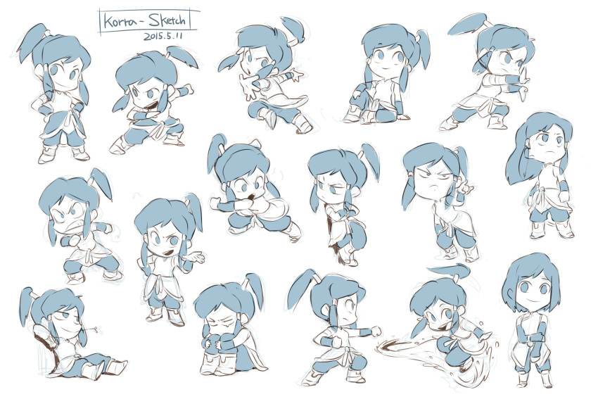 1girl alternate_hairstyle avatar_(series) character_sheet chibi element_bending fighting_stance hair_down hands_on_hips highres korra looking_at_viewer monochrome multiple_views nemurism pelt ponytail sitting smile solo the_legend_of_korra water