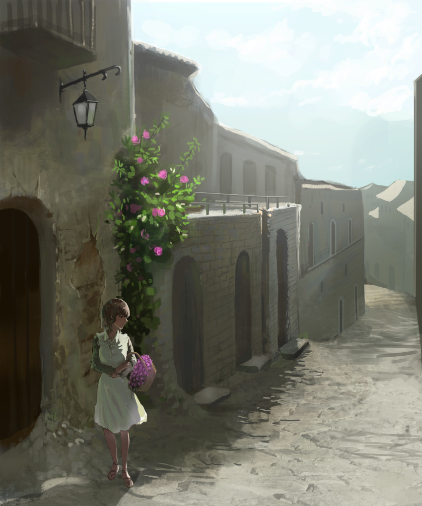 1girl basket blurry brown_hair building clouds depth_of_field door dress flower flower_basket highres lamp original profile road sandals scenery shade sky solo sorakuma_(oycue41) street town