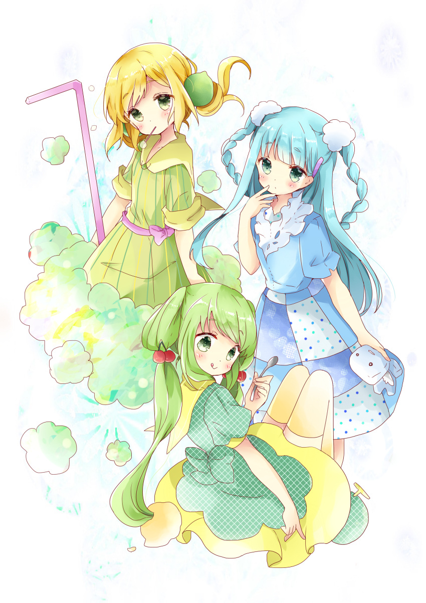 3girls :&gt; :q absurdres bangs bitter_melon blonde_hair blue_hair blue_shirt blunt_bangs blush braid cherry_hair_ornament commentary_request dress drinking_straw eyebrows_visible_through_hair food_themed_hair_ornament green_dress green_eyes hair_ornament hair_scrunchie hairclip hand_to_own_mouth head_tilt highres holding holding_spoon holding_stuffed_animal layered_dress looking_at_viewer looking_back mouth_hold multiple_girls original oversized_object pinstripe_pattern polka_dot scrunchie shirt short_sleeves sitting sleeves_folded_up standing striped stuffed_animal stuffed_toy thigh-highs tongue tongue_out tsukiyo_(skymint) twin_braids twintails unmoving_pattern yellow_legwear