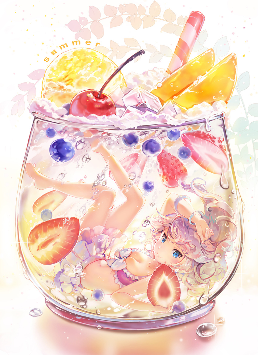 1girl barefoot blue_eyes blueberry blush breasts cherry cleavage closed_mouth cup drinking_glass drinking_straw food fruit highres long_hair looking_at_viewer medium_breasts original sibyl silver_hair smile solo strawberry swimsuit upside-down water_drop
