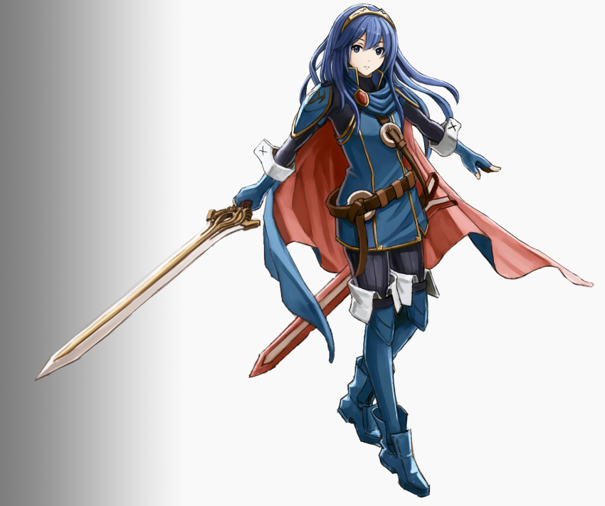 1girl blue_eyes blue_hair cape falchion_(fire_emblem) fingerless_gloves fire_emblem fire_emblem:_kakusei full_body gloves highres long_hair looking_at_viewer lucina solo sword tiara weapon