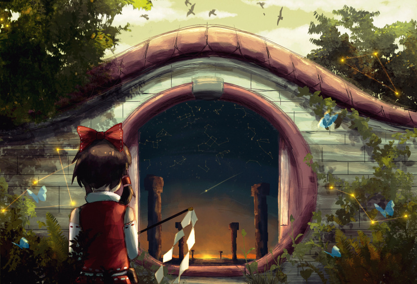 1girl bird black_hair bow butterfly commentary constellation detached_sleeves from_behind gohei hair_bow hair_tubes hakurei_reimu highres kunochai nature outdoors pillar red_bow red_skirt shide shooting_star skirt solo touhou vest