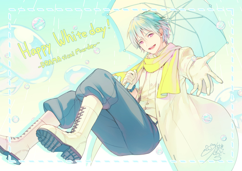 1boy blue_background boots bubble clear_(dramatical_murder) copyright_name cross-laced_footwear dotted_line dramatical_murder gloves jellyfish lace-up_boots male_focus nekokan_masshigura nitro+_chiral open_mouth outstretched_hand pink_eyes scarf short_hair signature simple_background smile solo umbrella white_boots white_day white_gloves white_hair yellow_scarf
