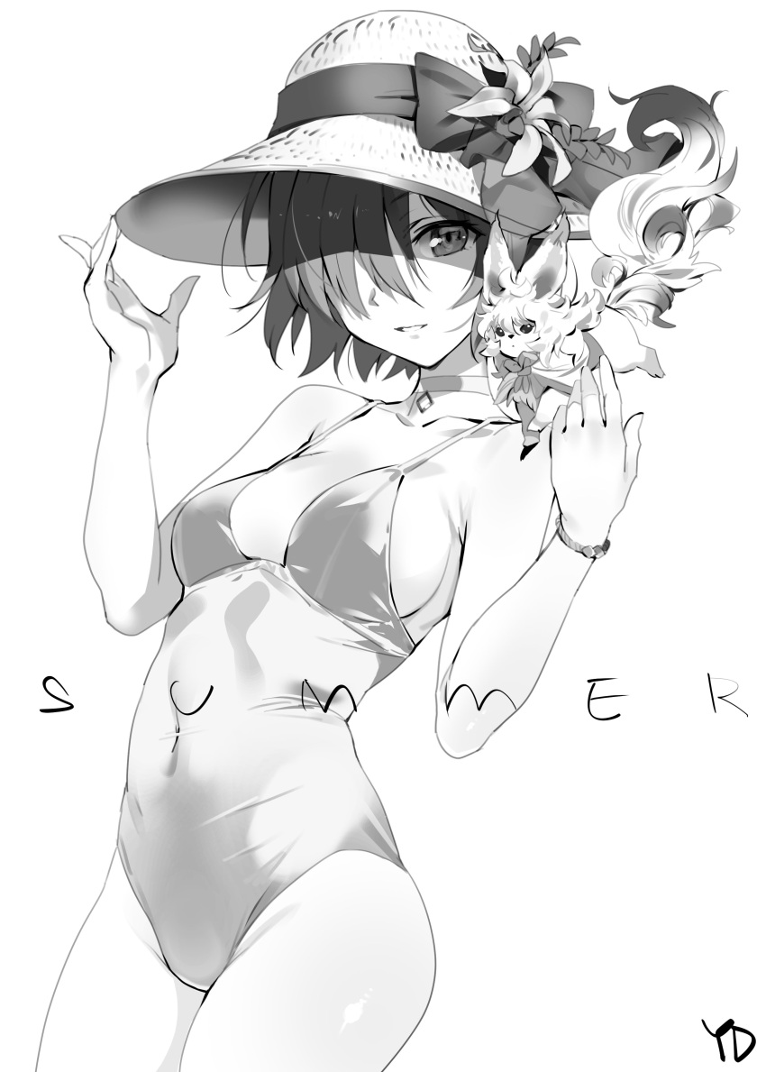1girl absurdres arched_back artist_name bow bracelet breasts collar collarbone cowboy_shot fate/grand_order fate_(series) flower fou_(fate/grand_order) greyscale hair_over_one_eye hands_up hat hat_bow hat_ribbon highres jewelry light_smile looking_at_viewer medium_breasts monochrome navel one-piece_swimsuit parted_lips ribbon shielder_(fate/grand_order) short_hair sideboob signature simple_background solo summer sun_hat swimsuit yang-do