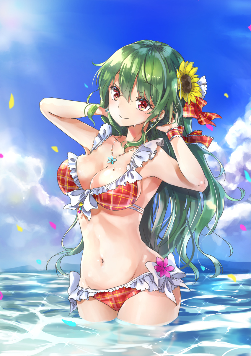 1girl bikini blue_sky breasts cleavage clouds cloudy_sky commentary_request day flower green_hair hair_between_eyes hair_ribbon highres jewelry kazami_yuuka large_breasts long_hair navel outdoors pendant petals plaid plaid_bikini plaid_ribbon red_bikini red_eyes red_ribbon ribbon shironeko_yuuki sky smile solo standing summer sunflower swimsuit touhou wading wavy_hair wrist_ribbon