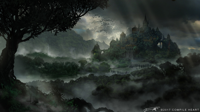 blurry bridge city clouds cloudy_sky commentary concept_art copyright_name dark death_end_re;quest depth_of_field fantasy fog forest landscape light_rays mountain nature no_humans original scenery signature sky tree water waterfall you_shimizu