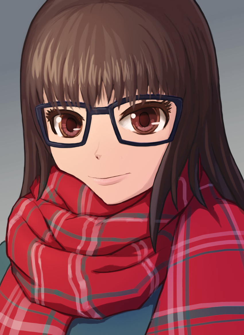 1girl brown_eyes brown_hair closed_mouth glasses highres looking_at_viewer original plaid plaid_scarf red_scarf scarf smile solo upper_body yclok