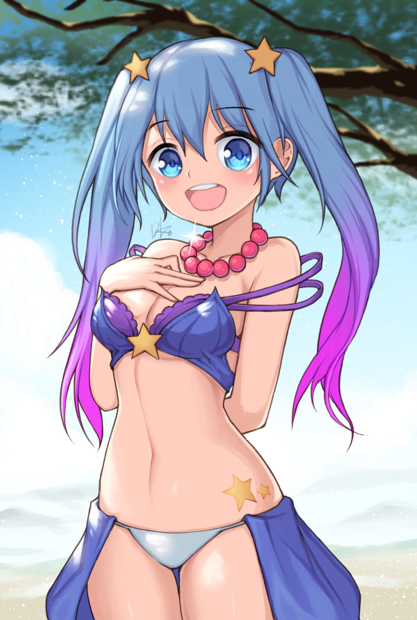 1girl arcade_sona blue_eyes blue_hair blush breasts cleavage collarbone eyebrows_visible_through_hair gradient_hair hand_on_own_chest highres jewelry league_of_legends lee_seok_ho long_hair looking_at_viewer medium_breasts navel necklace open_mouth purple_hair signature smile solo sona_buvelle standing twintails two-tone_hair
