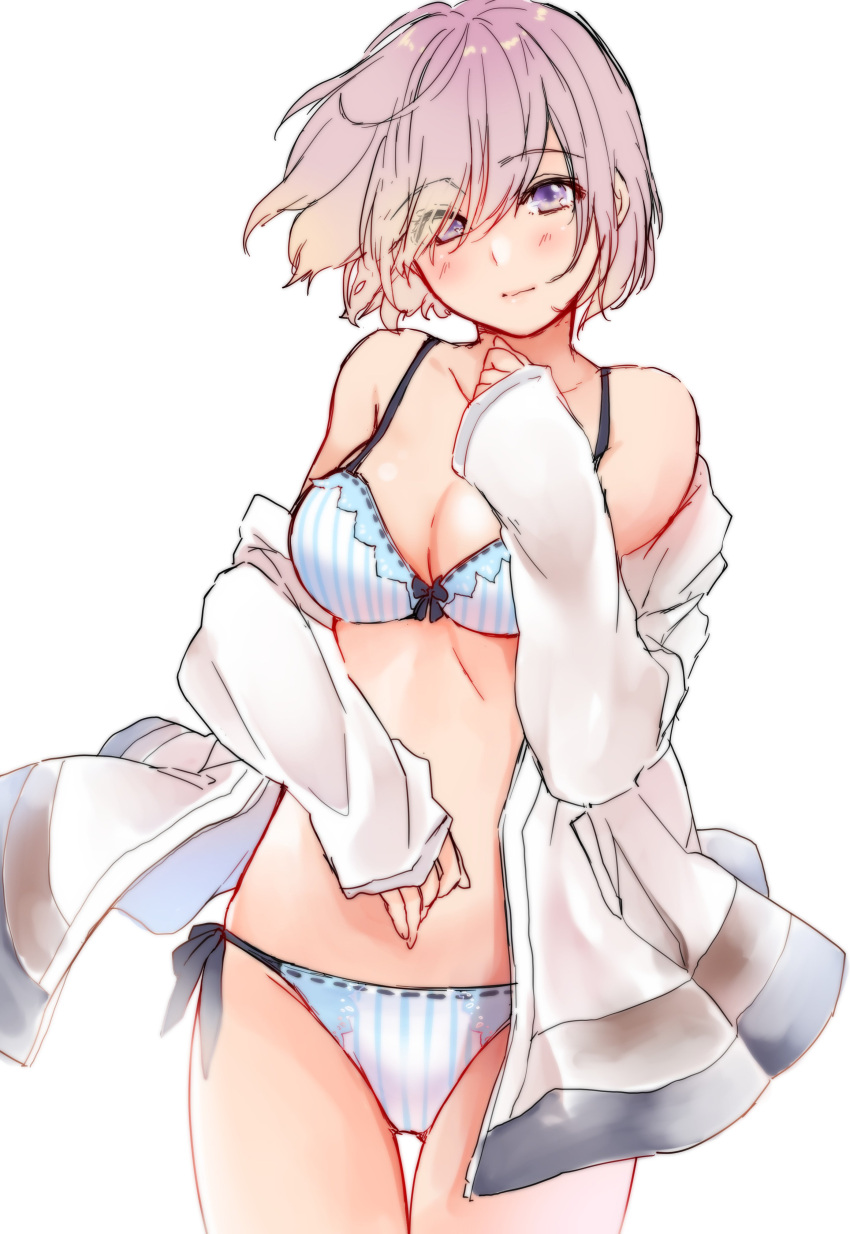 absurdres bikini blue_bikini breasts cleavage closed_mouth cowboy_shot eyebrows_visible_through_hair eyes_visible_through_hair fate/grand_order fate_(series) hair_over_one_eye highres jacket light_smile looking_at_viewer medium_breasts off_shoulder open_clothes open_jacket pink_hair ribbon-trimmed_bikini shielder_(fate/grand_order) short_hair simple_background sleeves_past_wrists striped swimsuit thigh_gap vertical-striped_bikini vertical_stripes violet_eyes white_background yumari_nakura