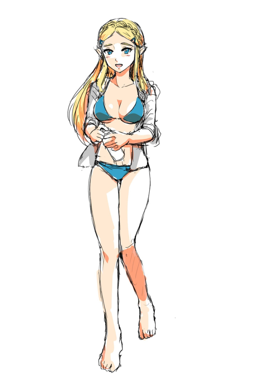 1girl barefoot bikini blonde_hair blue_bikini blue_eyes blush bottle braid breasts cleavage french_braid full_body hair_ornament hairclip highres holding holding_bottle jacket jacket_over_swimsuit long_hair looking_at_viewer medium_breasts open_clothes open_jacket open_mouth pointy_ears princess_zelda sketch solo swimsuit the_legend_of_zelda the_legend_of_zelda:_breath_of_the_wild wasabi_(legemd)