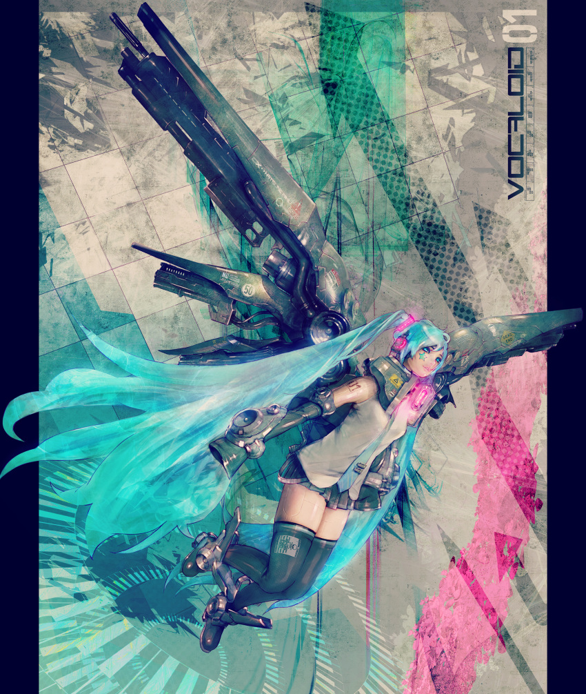 1girl absurdres aqua_eyes aqua_hair artificial_wings black_legwear copyright_name cyborg detached_sleeves facial_mark floating_hair flying full_body glowing grey_shirt hatsune_miku headphones highres lips long_hair looking_at_viewer mechanization miniskirt necktie noboundary parted_lips pillarboxed shirt sign skirt skull_and_crossbones sleeveless solo star thigh-highs twintails very_long_hair vocaloid warning_sign zettai_ryouiki