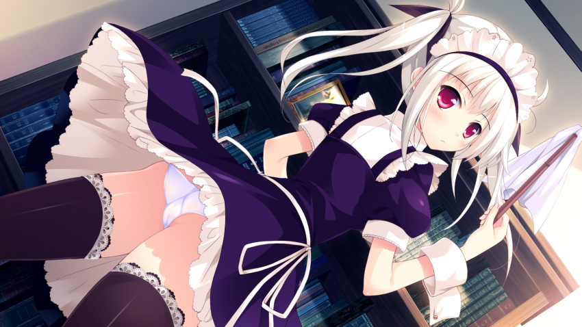 1girl ass ayame_(harukaze_sensation!) black_legwear blush book bookshelf duster dutch_angle expressionless game_cg harukaze_sensation! highres holding indoors ko~cha lace lace-trimmed_thighhighs long_hair looking_at_viewer looking_back maid maid_headdress official_art panties puffy_short_sleeves puffy_sleeves red_eyes short_sleeves skirt solo thigh-highs twintails twisted_neck underwear upskirt white_hair white_panties wrist_cuffs