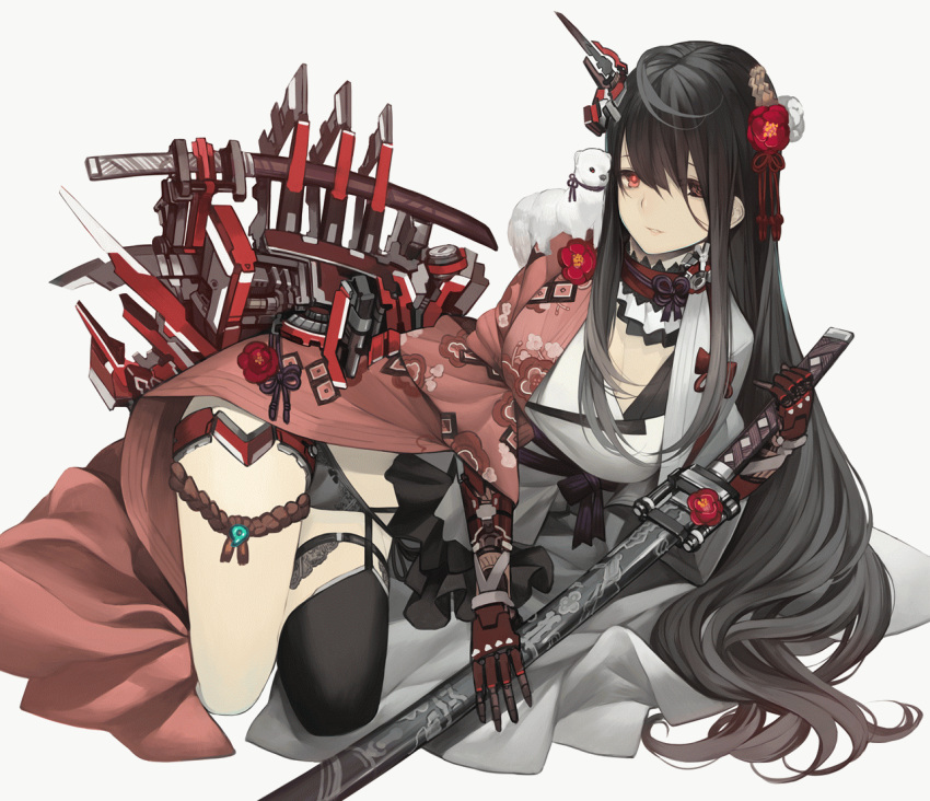 1girl animated animated_gif asymmetrical_clothes bangs black_hair black_legwear black_panties bow bow_panties breasts camellia cleavage floral_print flower garter_straps hair_between_eyes hair_ornament headgear japanese_clothes kanzashi katana kimono large_breasts long_hair looking_at_viewer lying making_of mecha_musume on_side original panties parted_lips pink_kimono rayvon red_eyes sheath sheathed sidelocks simple_background single_thighhigh smile solo sword thigh-highs thighs underwear very_long_hair weapon white_background