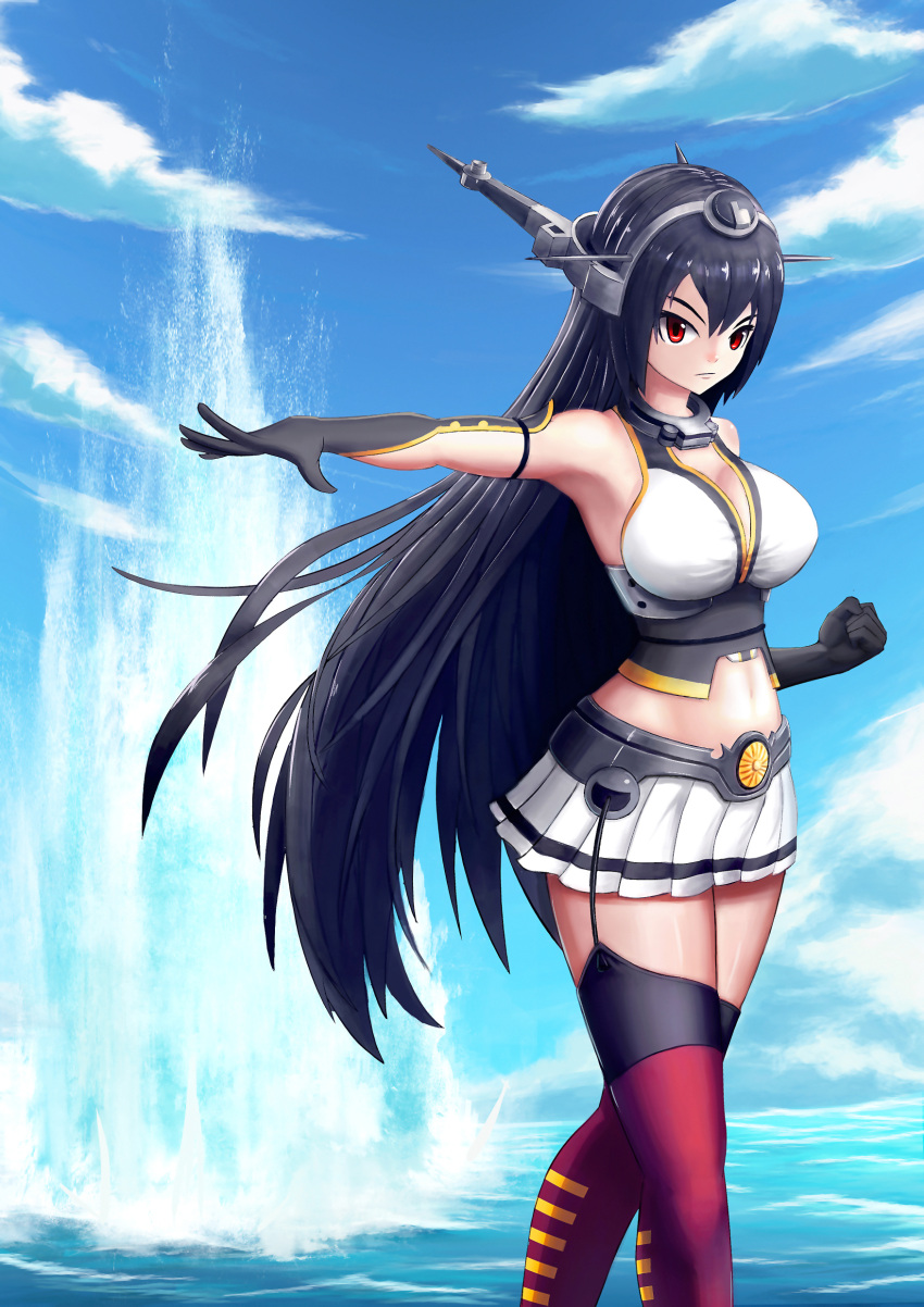 1girl absurdres black_hair breasts cleavage closed_mouth garter_straps highres kantai_collection large_breasts long_hair looking_at_viewer nagato_(kantai_collection) navel red_eyes red_legwear skirt solo thigh-highs white_skirt yclok